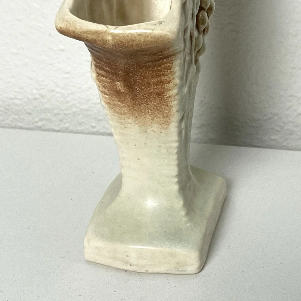 Vintage McCoy Art Pottery Vase Grapes & Leaves Light Blue & Brown Rustic 1940s